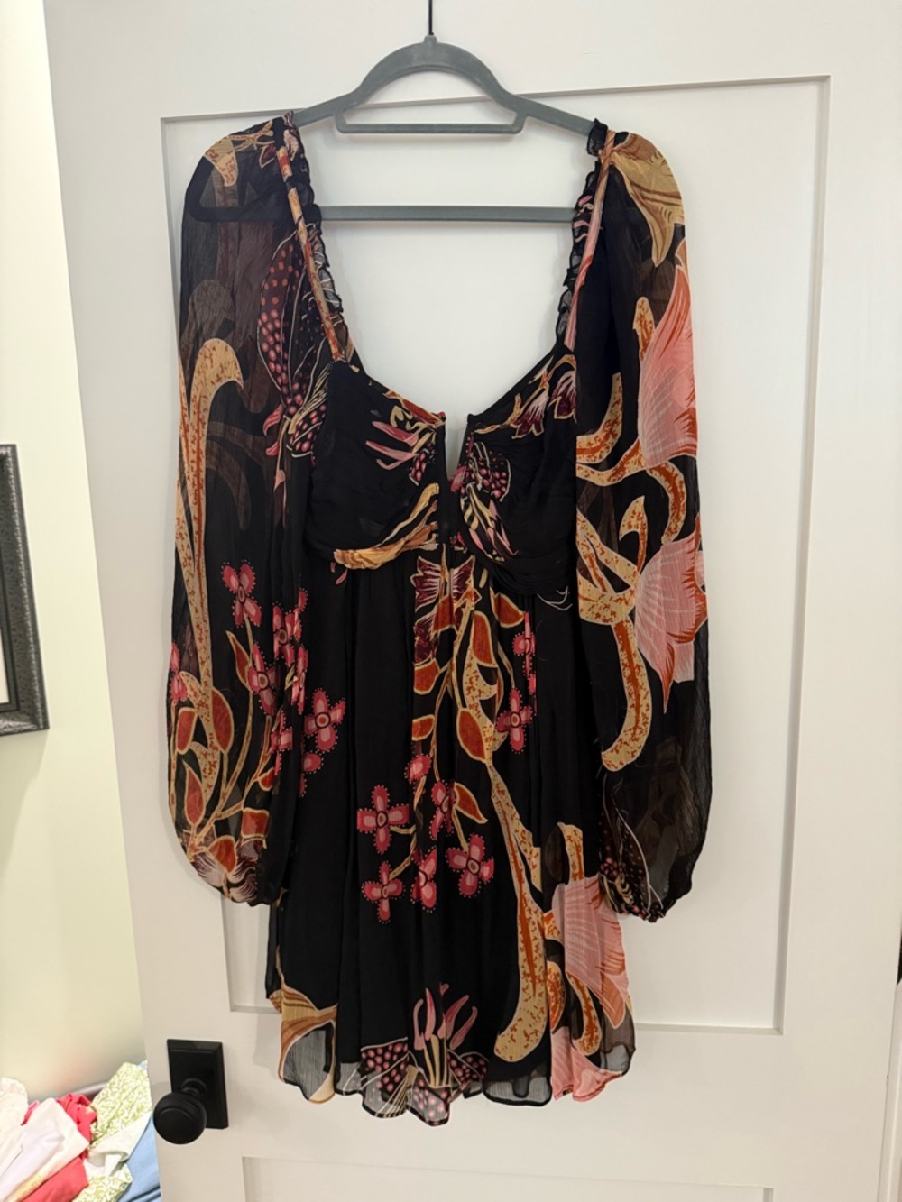 Anthropologie Black Floral Mini Dress with Pink and Gold Accents